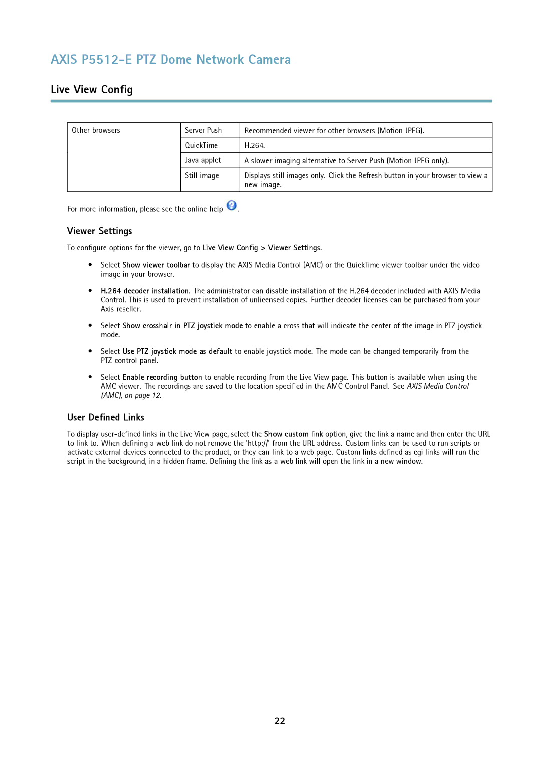 Axis Communications P5512 user manual Viewer Settings, User Defined Links, For more information, please see the online help 