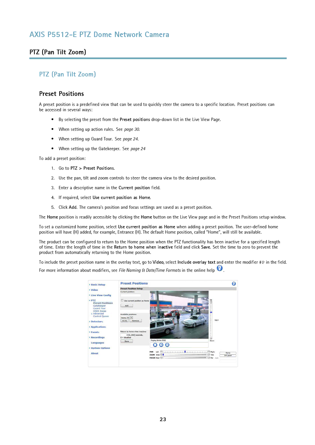 Axis Communications P5512 user manual PTZ Pan Tilt Zoom, Go to PTZ Preset Positions 