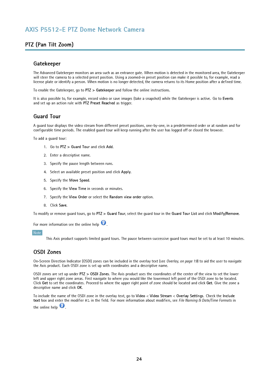Axis Communications P5512 user manual PTZ Pan Tilt Zoom Gatekeeper, Osdi Zones, Go to PTZ Guard Tour and click Add 