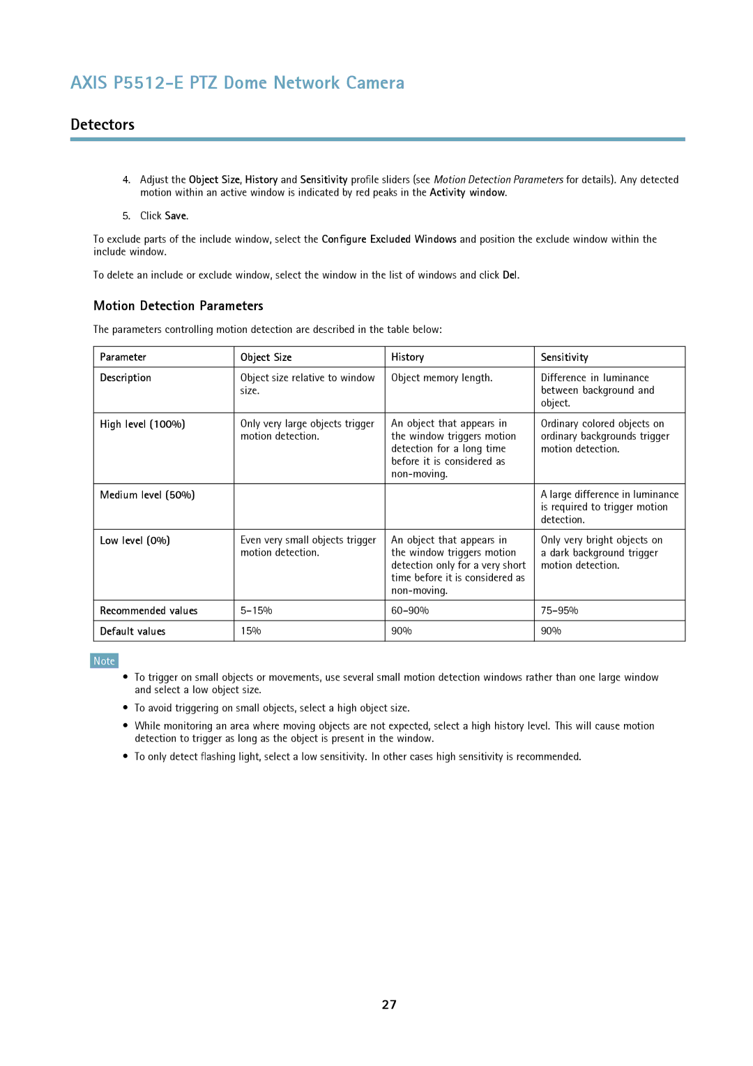 Axis Communications P5512 user manual Motion Detection Parameters 