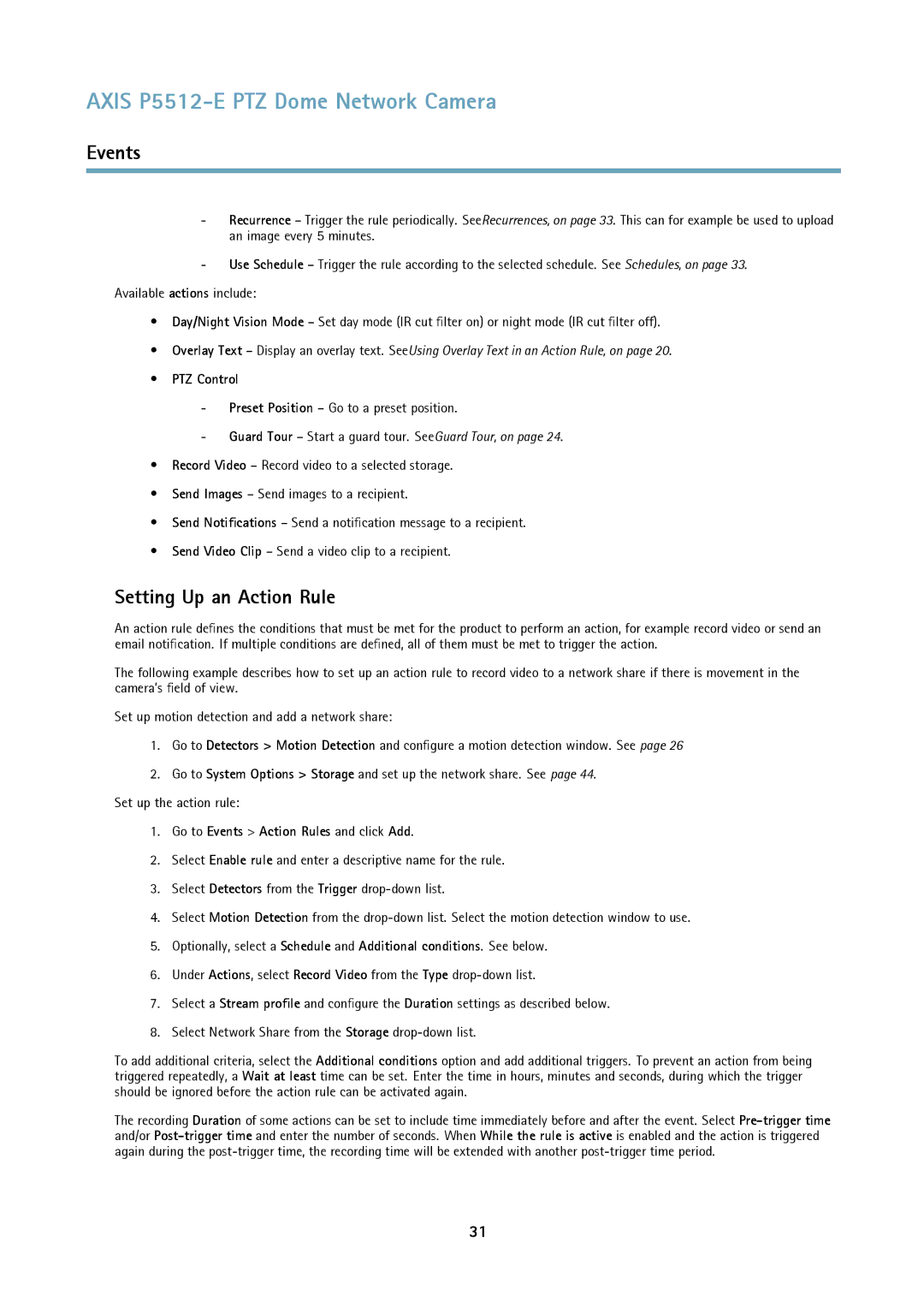 Axis Communications P5512 user manual Setting Up an Action Rule, PTZ Control, Go to Events Action Rules and click Add 