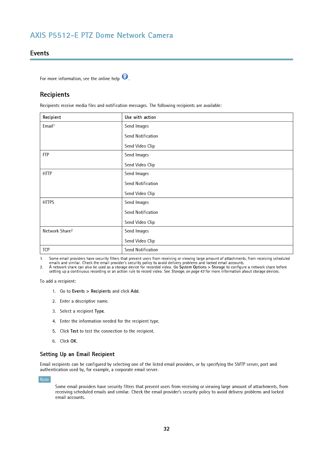 Axis Communications P5512 user manual Recipients, Setting Up an Email Recipient, Recipient Use with action 