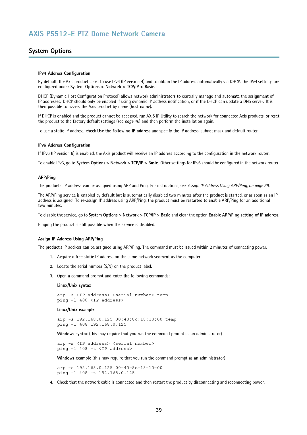 Axis Communications P5512 user manual IPv4 Address Configuration, IPv6 Address Configuration, ARP/Ping, Linux/Unix syntax 