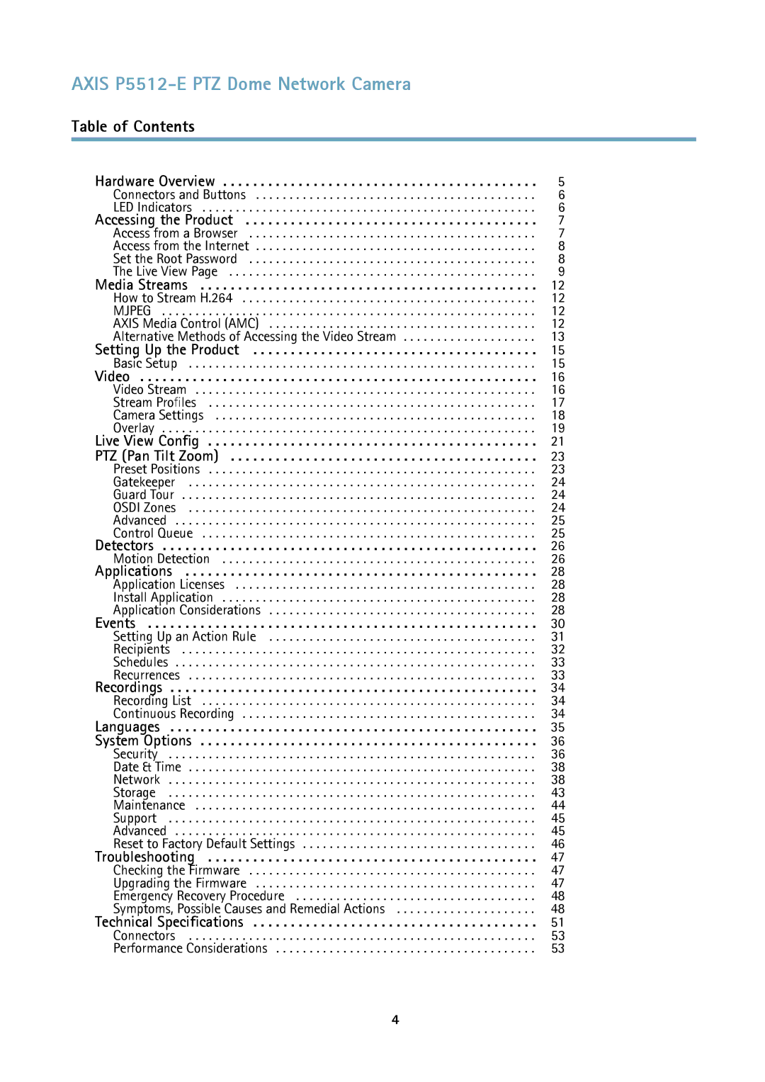 Axis Communications user manual Axis P5512-E PTZ Dome Network Camera, Table of Contents 