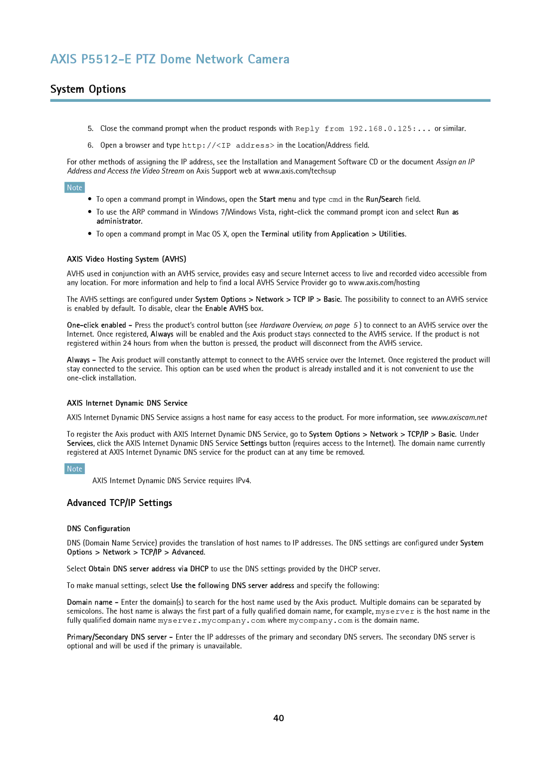 Axis Communications P5512 Advanced TCP/IP Settings, Axis Video Hosting System Avhs, Axis Internet Dynamic DNS Service 