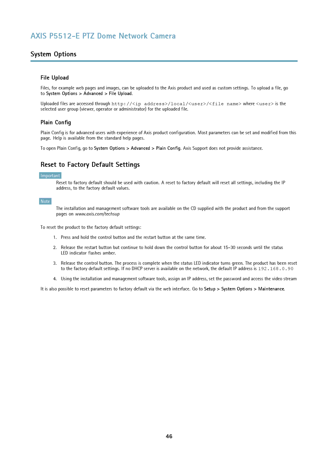 Axis Communications P5512 user manual Reset to Factory Default Settings, File Upload, Plain Config 