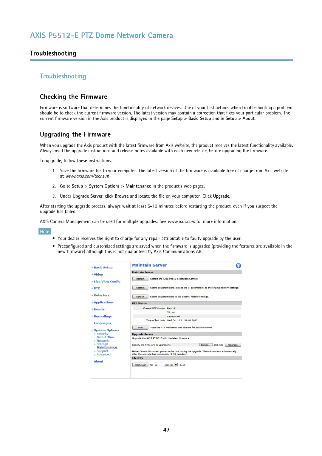 Axis Communications P5512 user manual Troubleshooting, Checking the Firmware, Upgrading the Firmware 