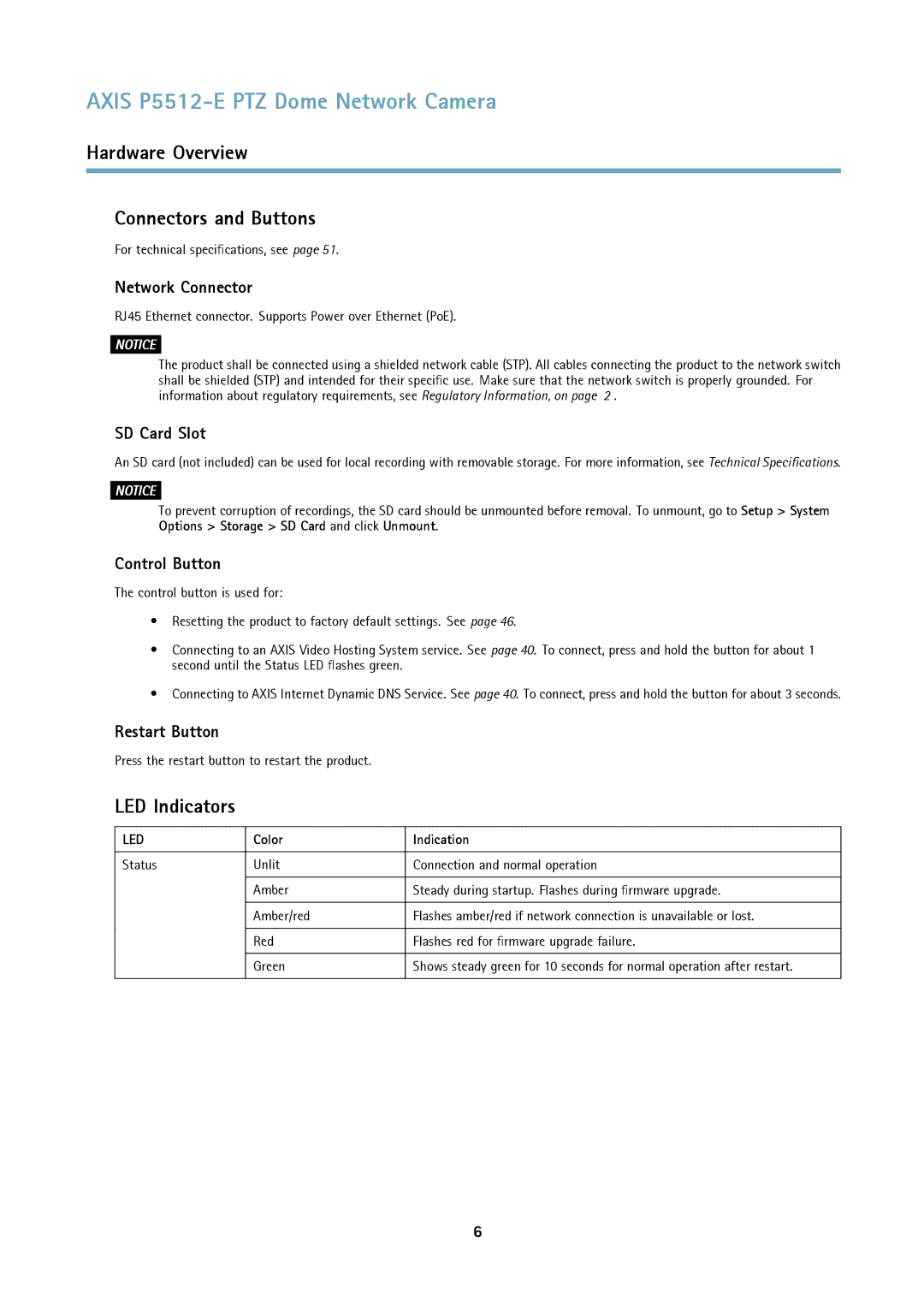 Axis Communications P5512 user manual Hardware Overview Connectors and Buttons, LED Indicators 