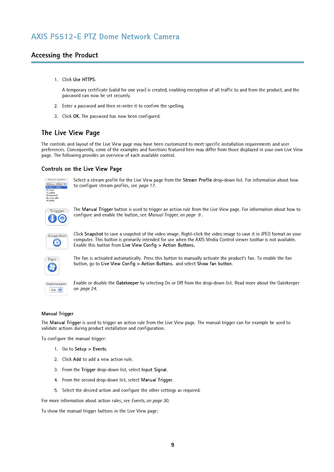 Axis Communications P5512 user manual Controls on the Live View, Click Use Https, Manual Trigger, Go to Setup Events 