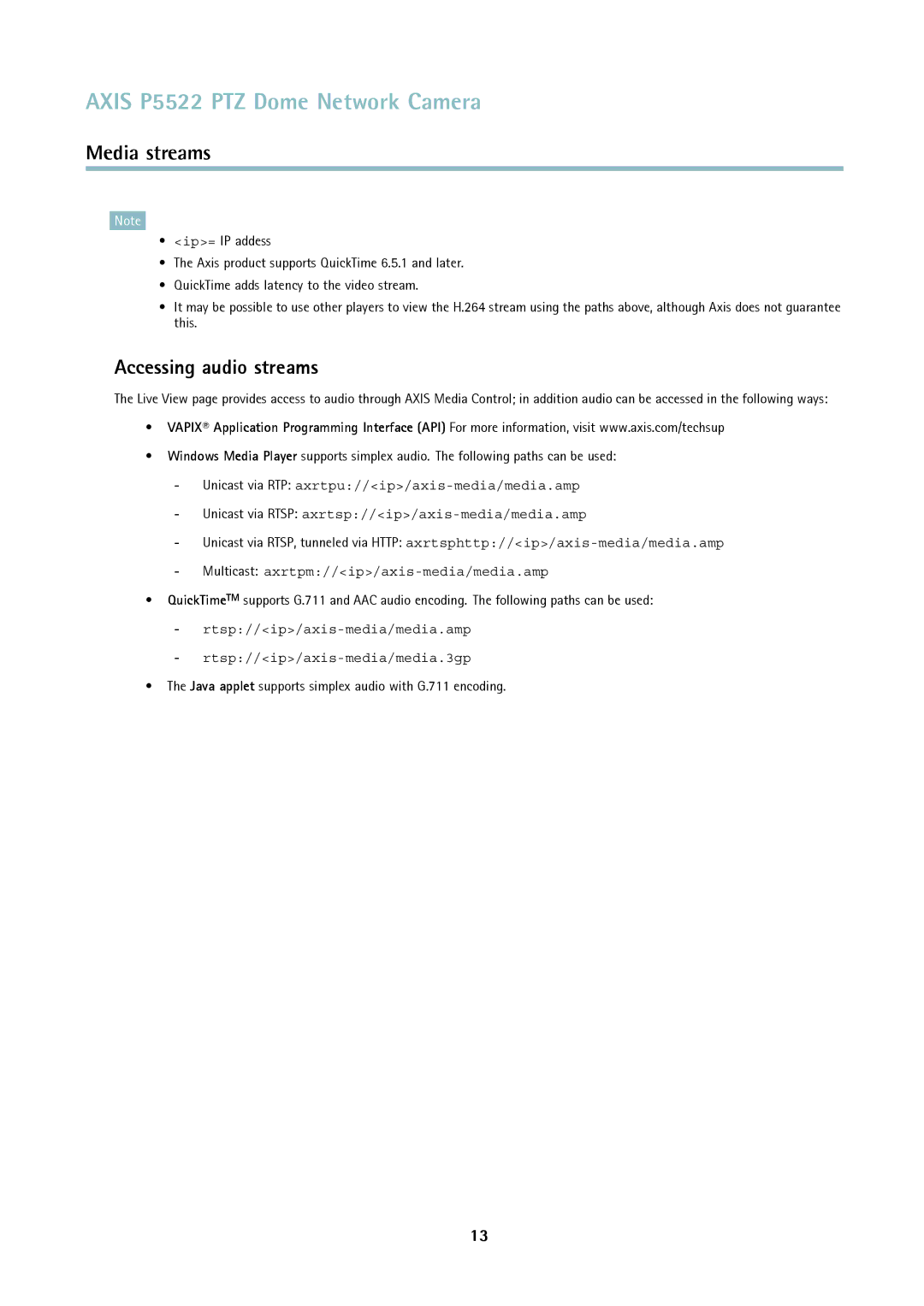 Axis Communications P5522 user manual Accessing audio streams, Java applet supports simplex audio with G.711 encoding 