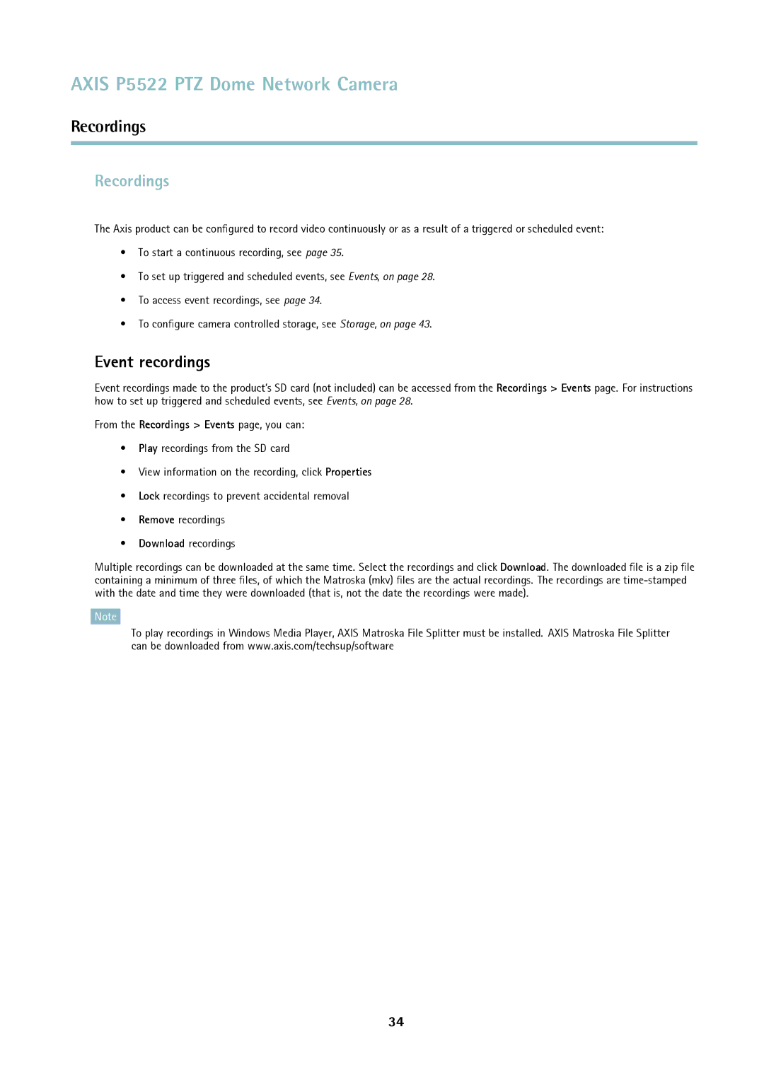 Axis Communications P5522 user manual Recordings, Event recordings 