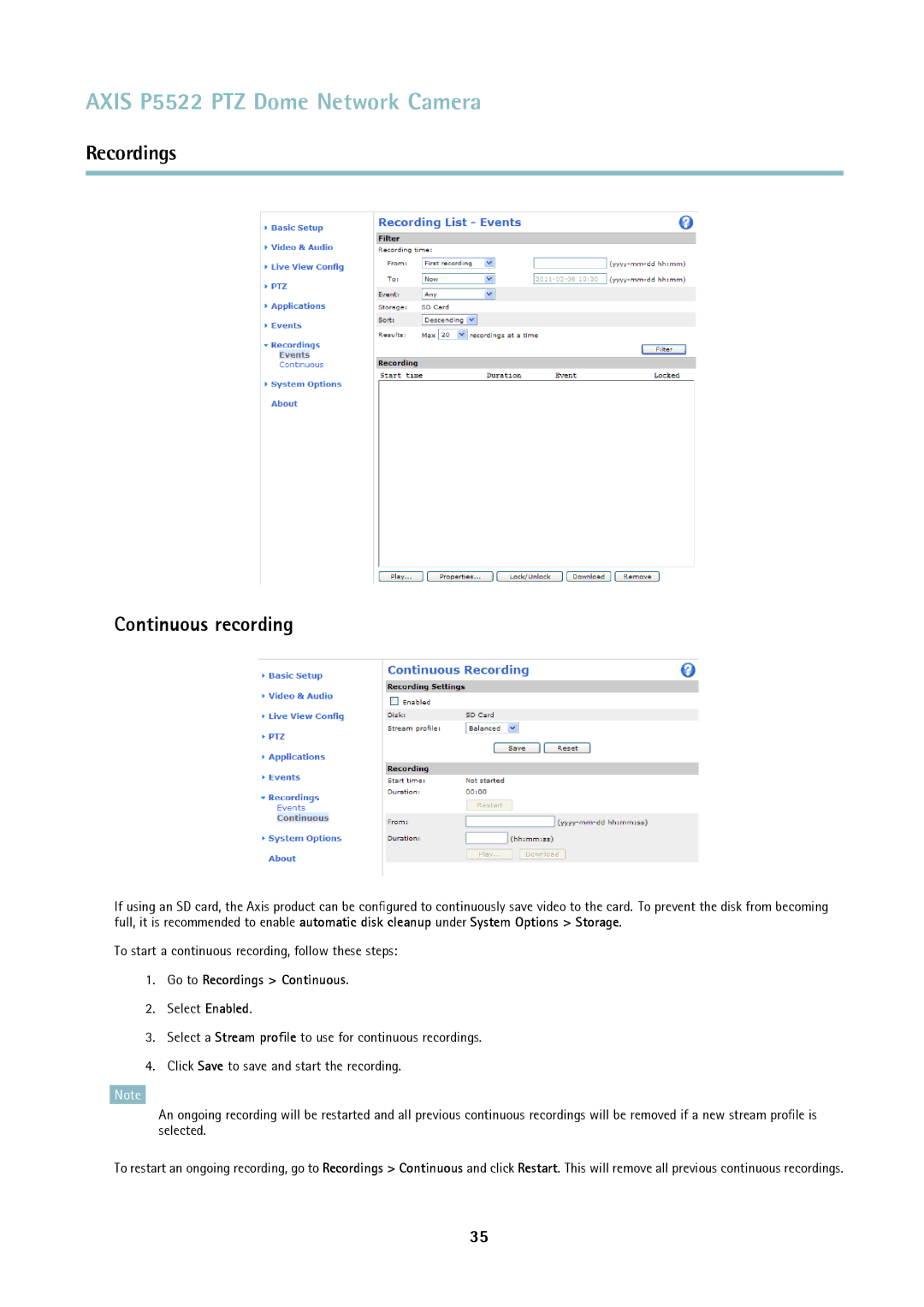 Axis Communications P5522 user manual Continuous recording, Go to Recordings Continuous 