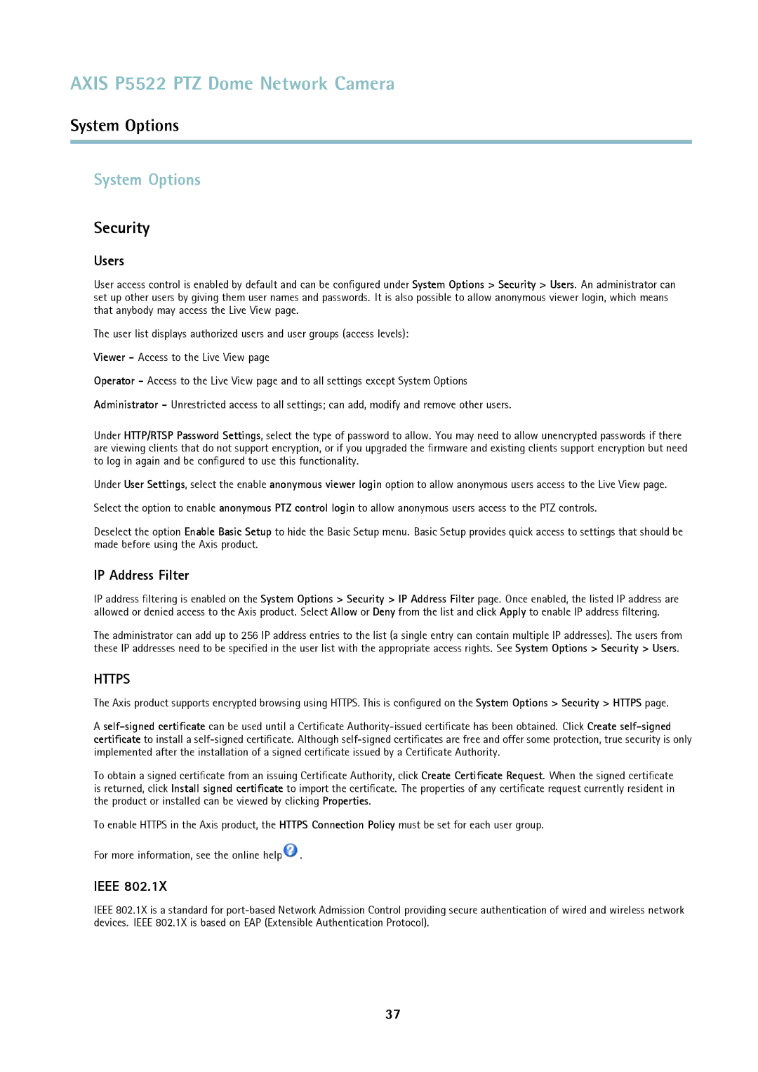 Axis Communications P5522 user manual System Options, Security 