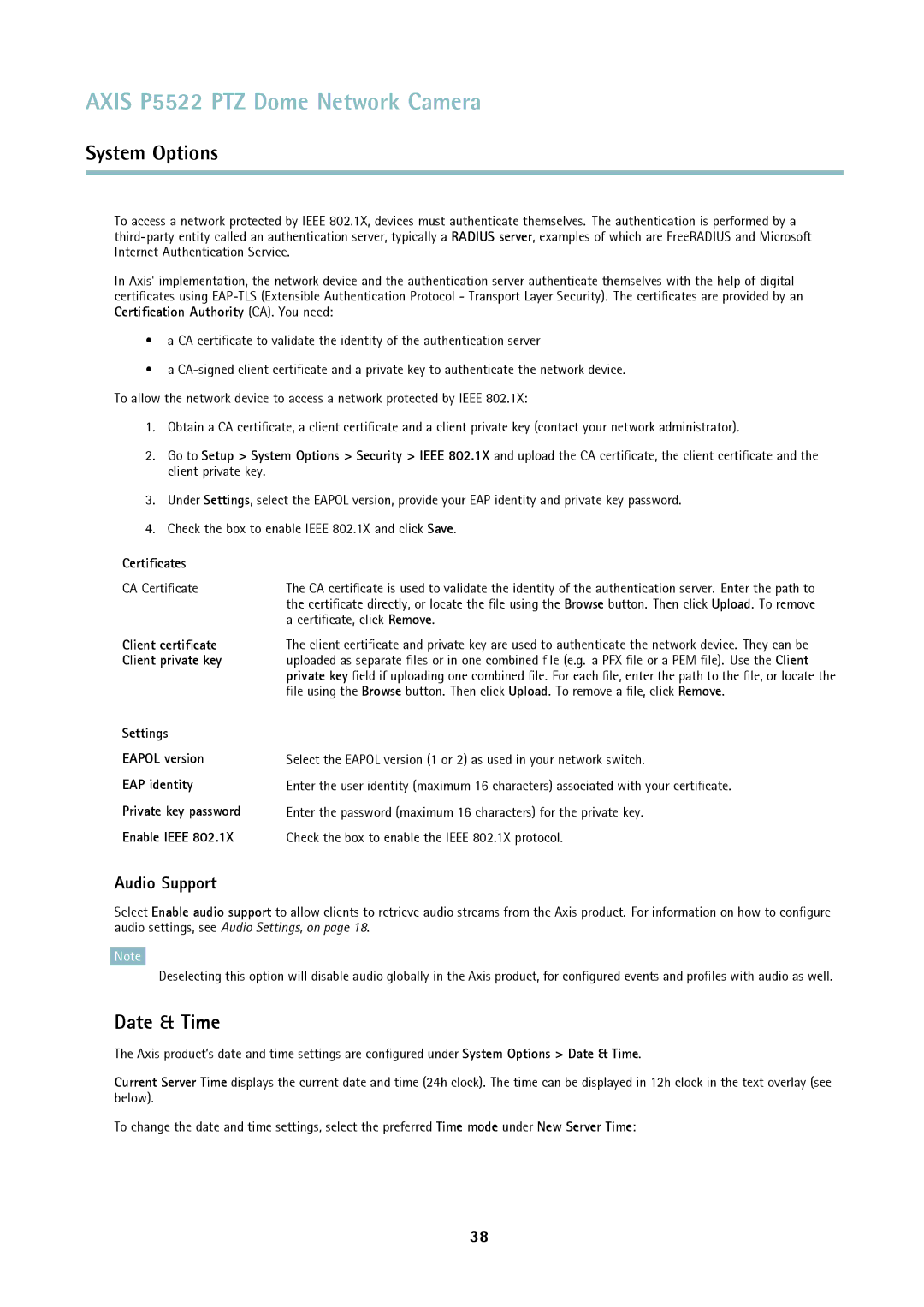 Axis Communications P5522 user manual Date & Time, Audio Support 