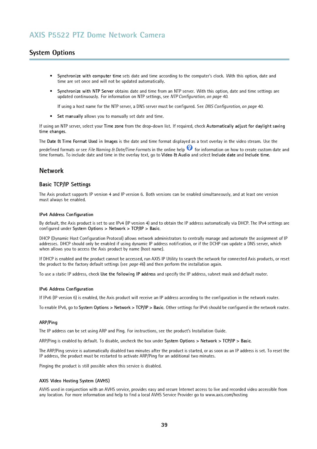 Axis Communications P5522 user manual Network, Basic TCP/IP Settings 