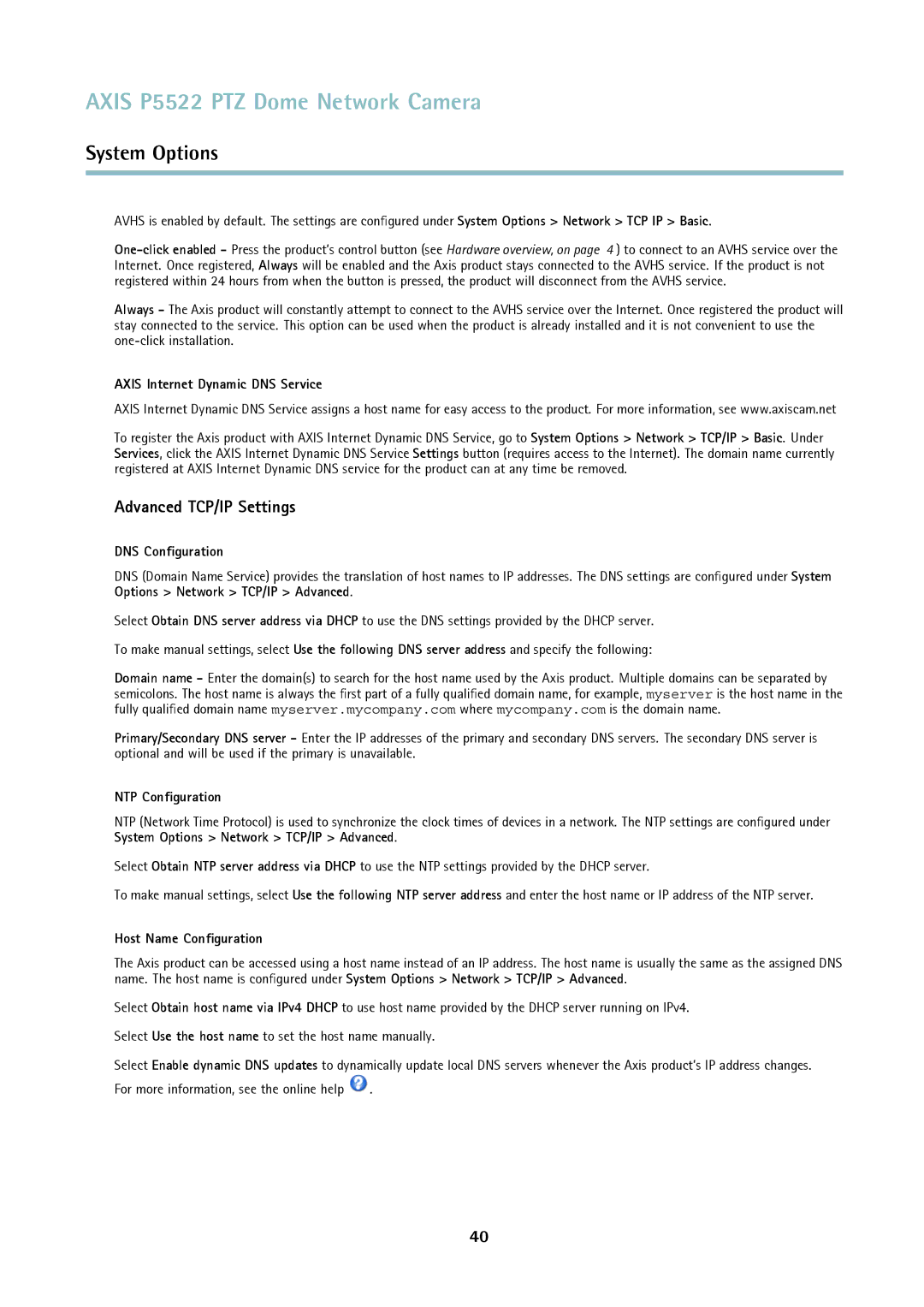 Axis Communications P5522 Advanced TCP/IP Settings, Axis Internet Dynamic DNS Service, DNS Conﬁguration, NTP Conﬁguration 