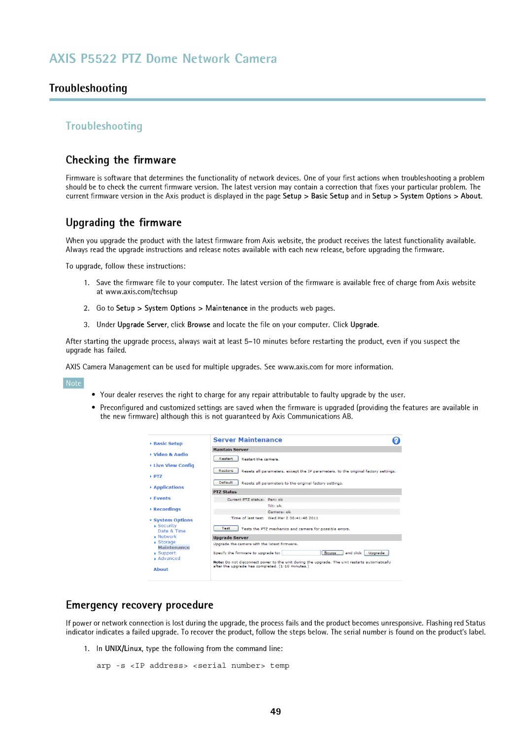 Axis Communications P5522 Troubleshooting, Checking the ﬁrmware, Upgrading the ﬁrmware, Emergency recovery procedure 