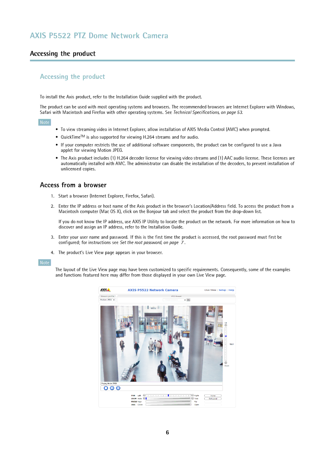 Axis Communications P5522 Accessing the product, Access from a browser, Start a browser Internet Explorer, Firefox, Safari 