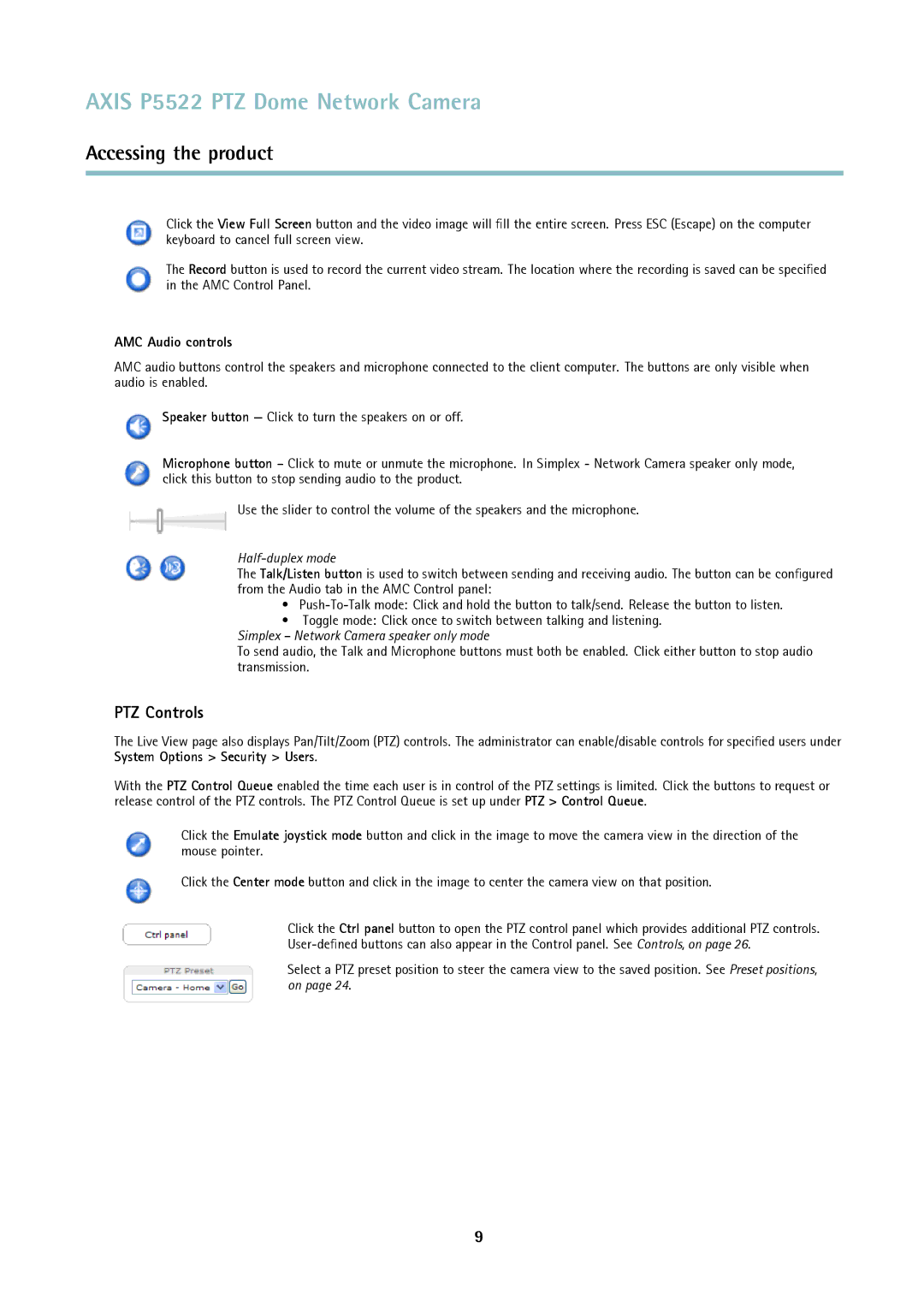 Axis Communications P5522 user manual PTZ Controls, AMC Audio controls 
