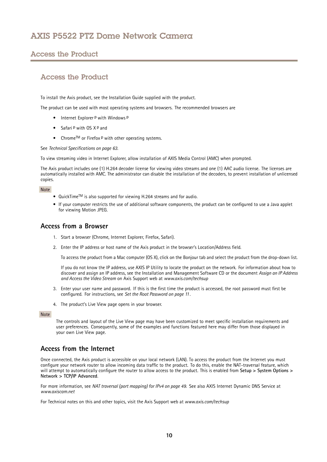 Axis Communications P5522 user manual Access the Product, Access from a Browser, Access from the Internet 