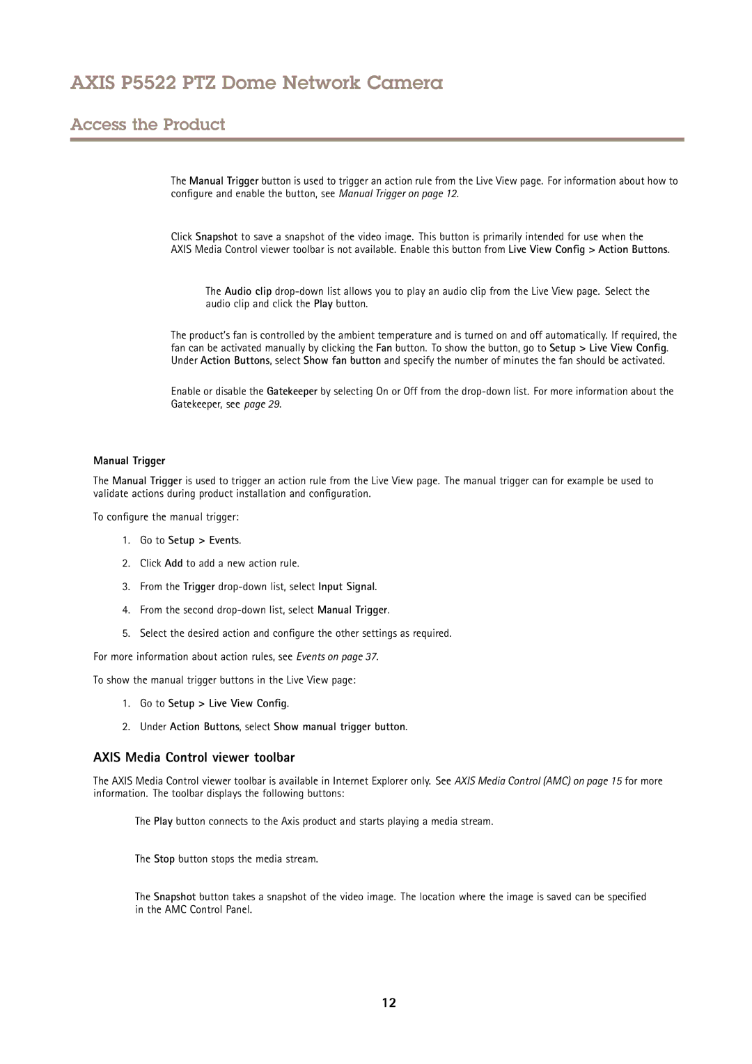 Axis Communications P5522 user manual Axis Media Control viewer toolbar, Manual Trigger, Go to Setup Events 