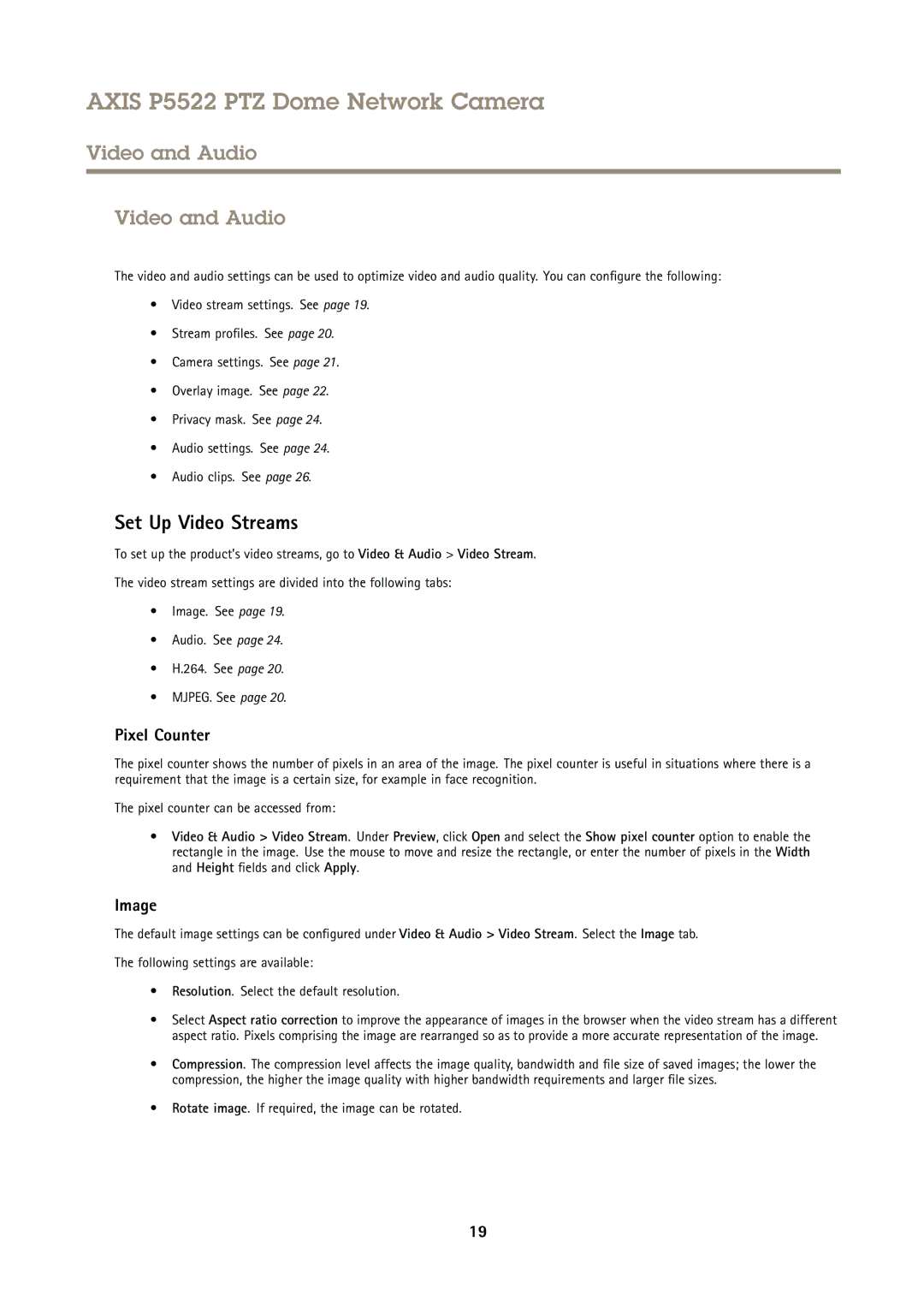 Axis Communications P5522 user manual Video and Audio, Set Up Video Streams, Pixel Counter, Image 