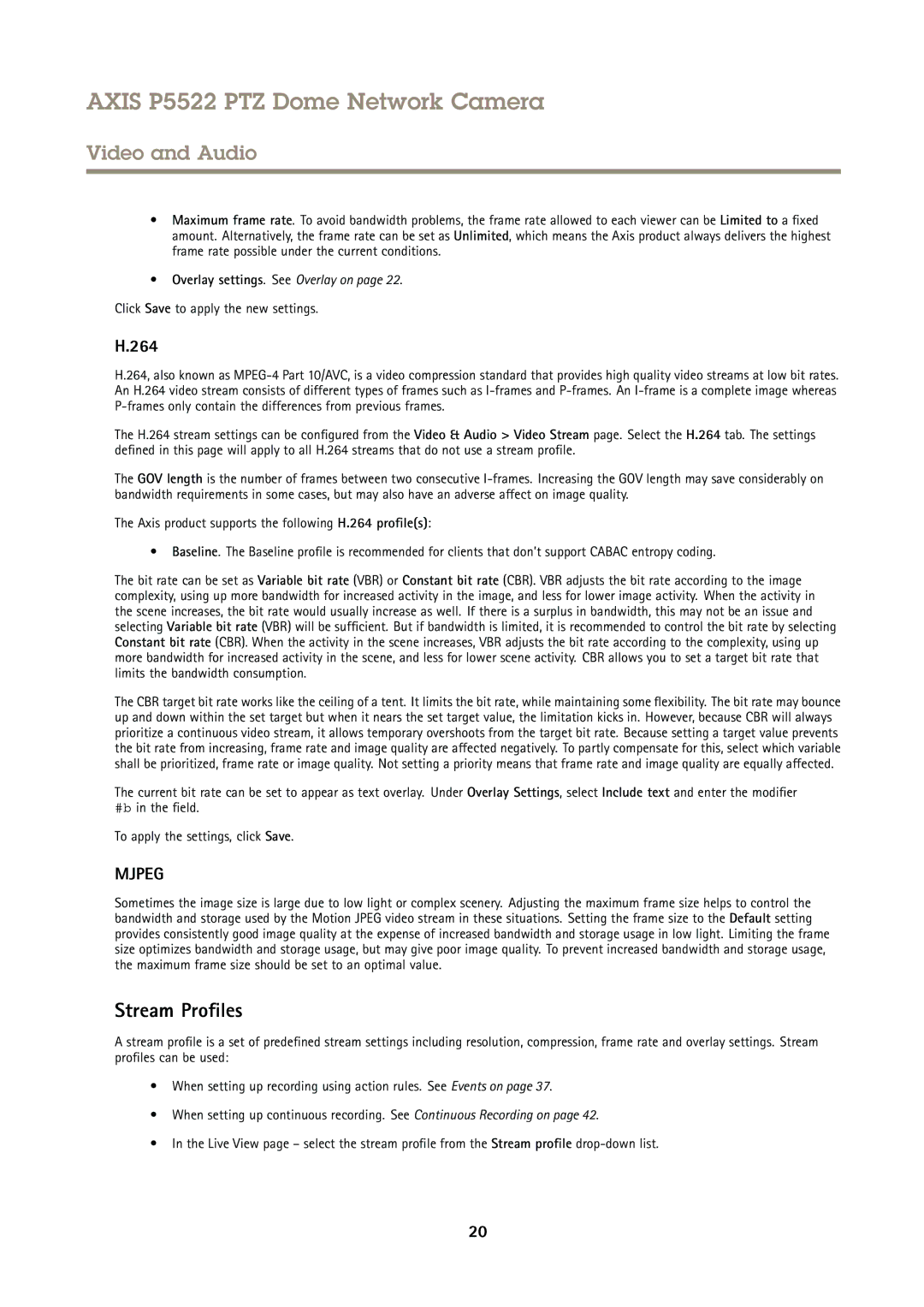 Axis Communications P5522 user manual Stream Profiles, 264, Click Save to apply the new settings 