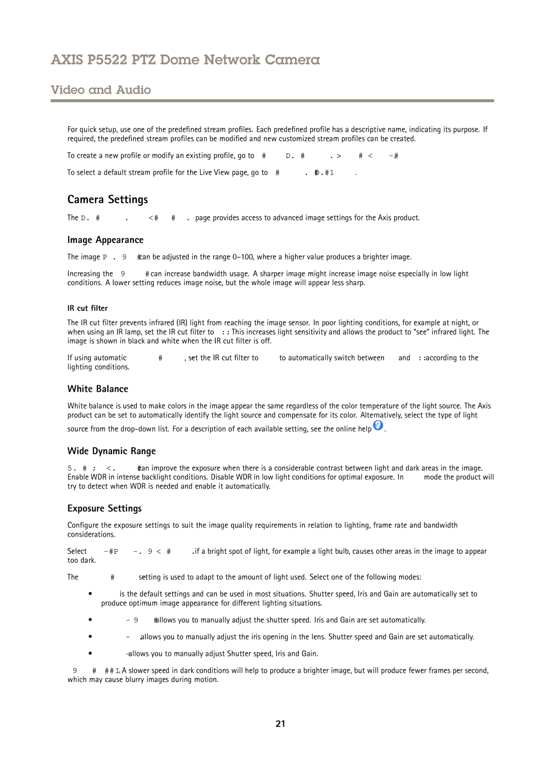 Axis Communications P5522 Camera Settings, Image Appearance, White Balance, Wide Dynamic Range, Exposure Settings 