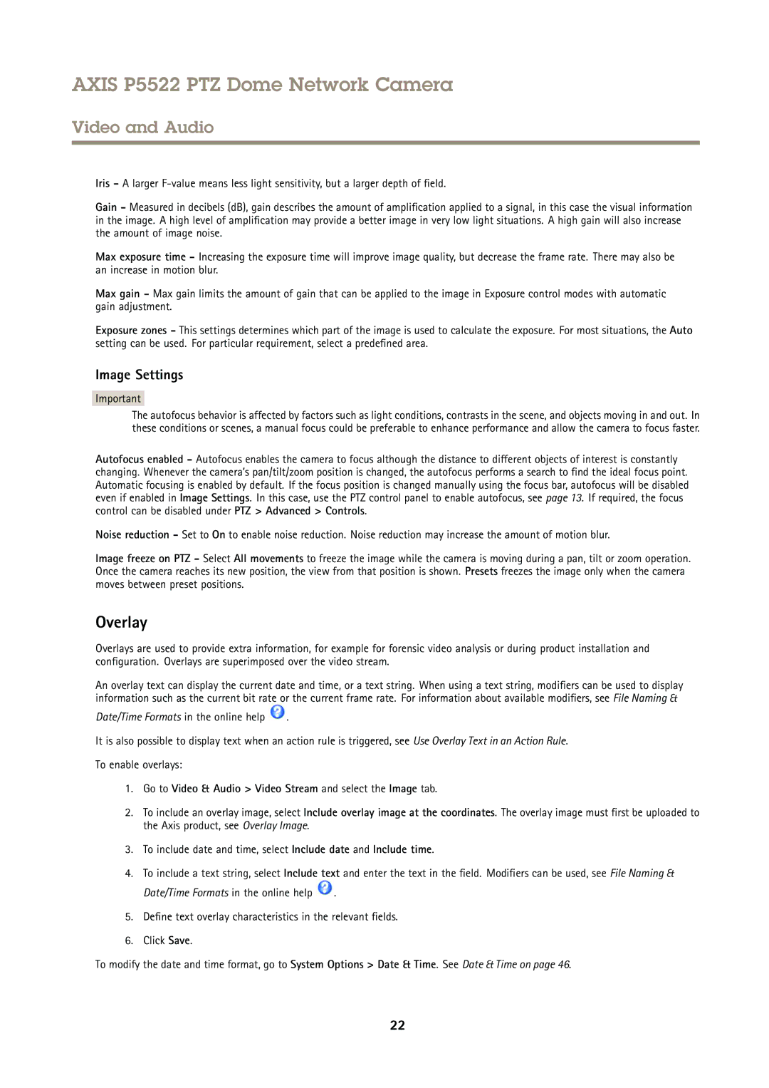 Axis Communications P5522 user manual Overlay, Image Settings, Go to Video & Audio Video Stream and select the Image tab 