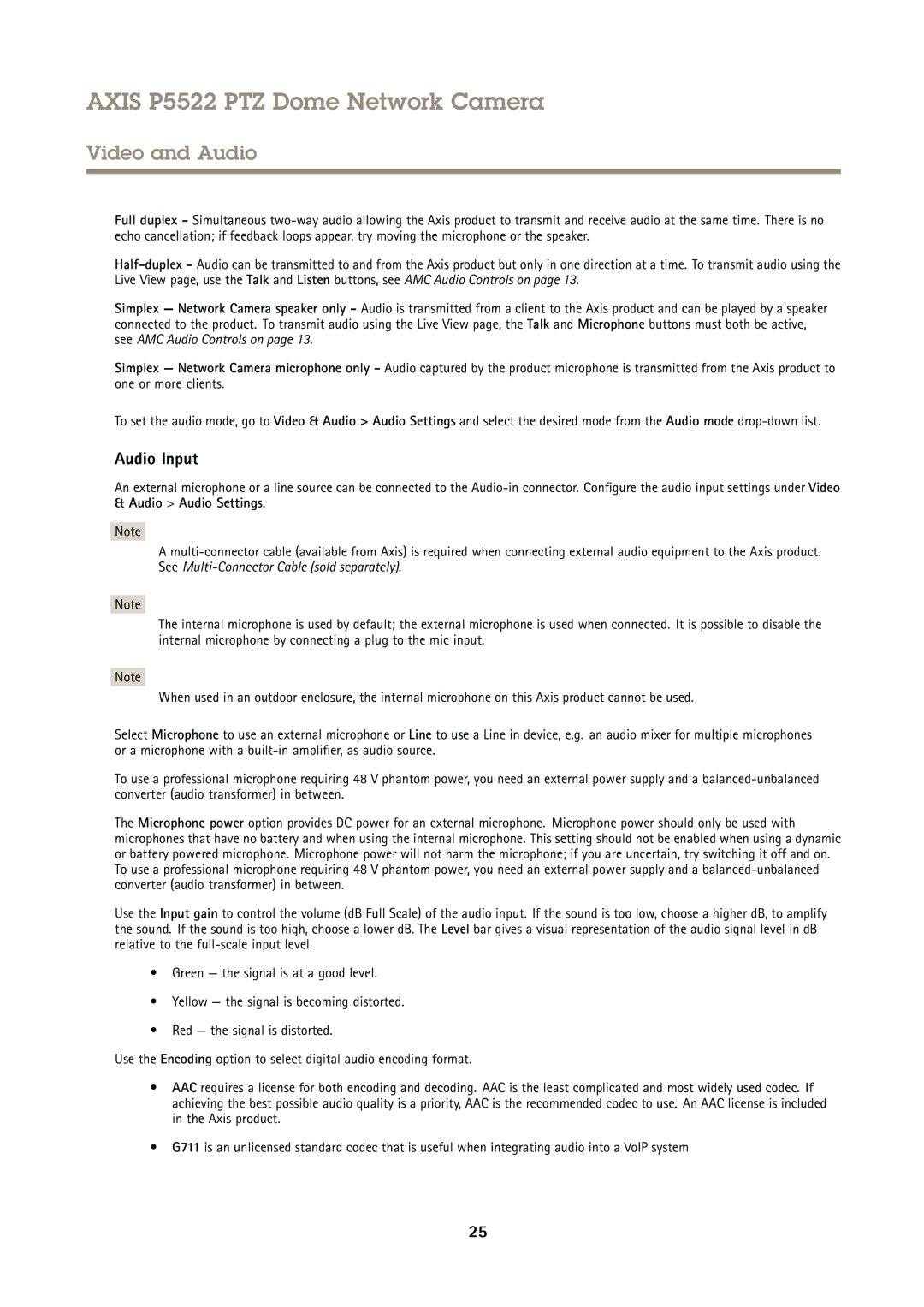 Axis Communications P5522 user manual Audio Input 