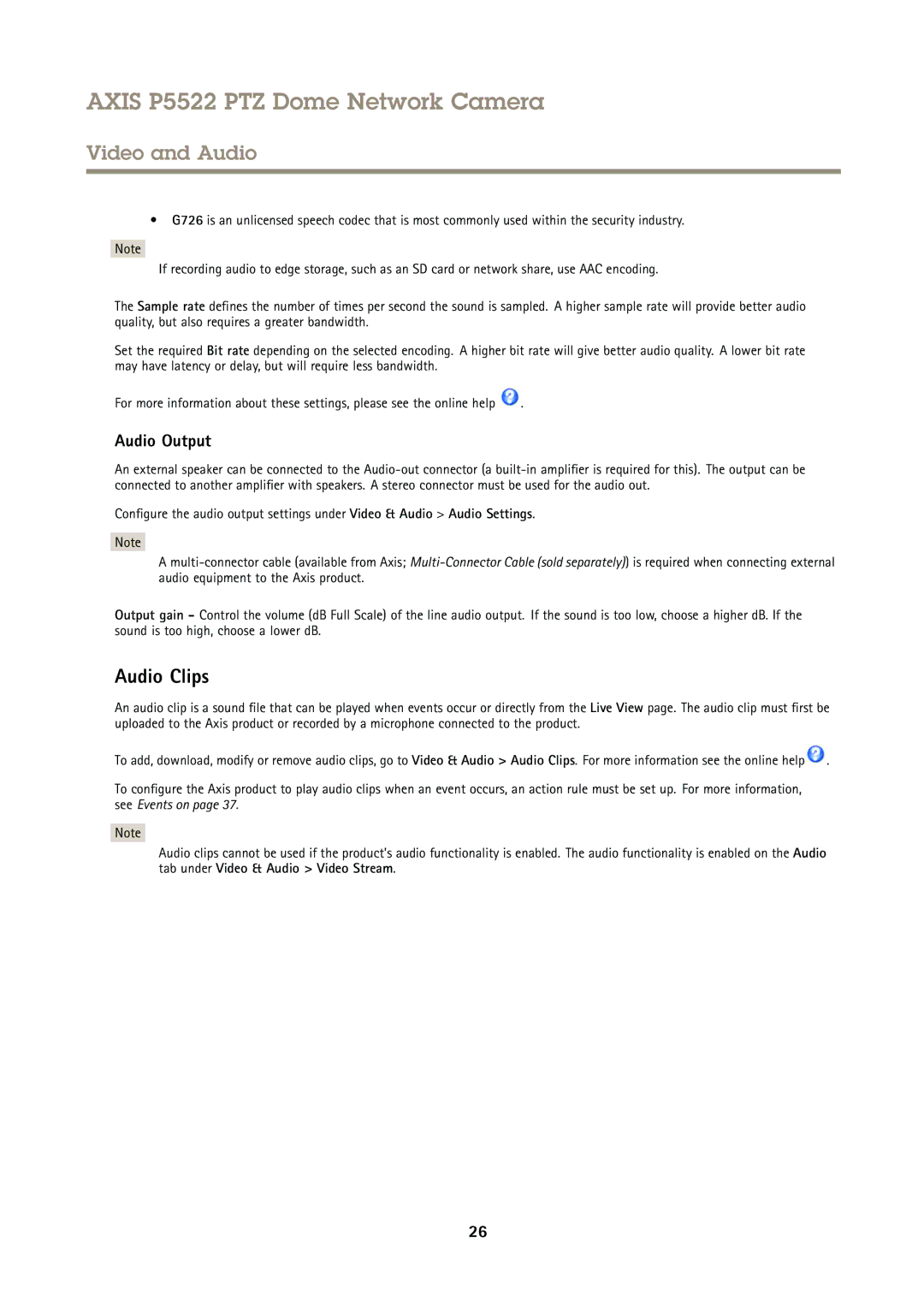 Axis Communications P5522 user manual Audio Clips, Audio Output 