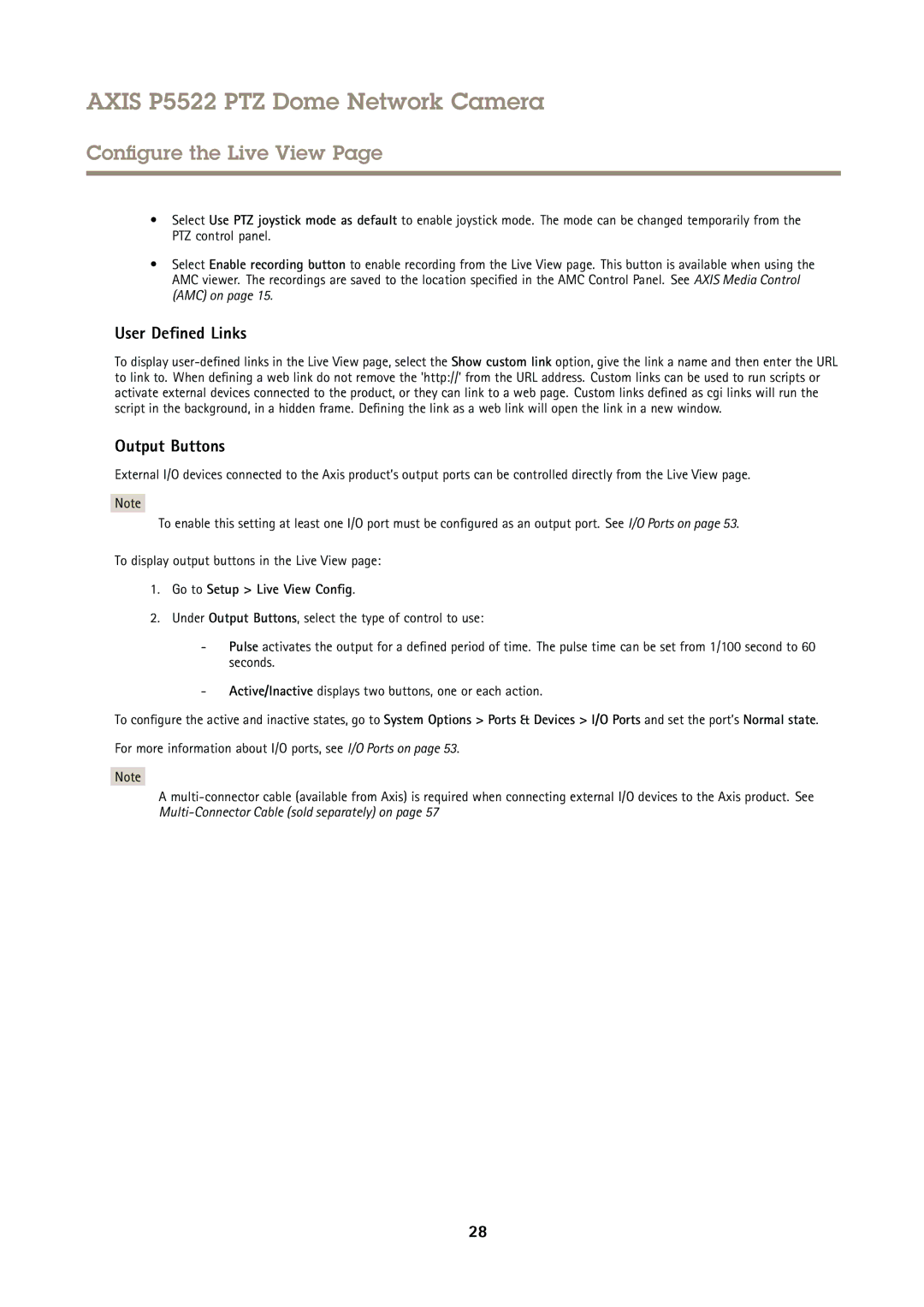 Axis Communications P5522 user manual User Defined Links, Output Buttons, Go to Setup Live View Config 