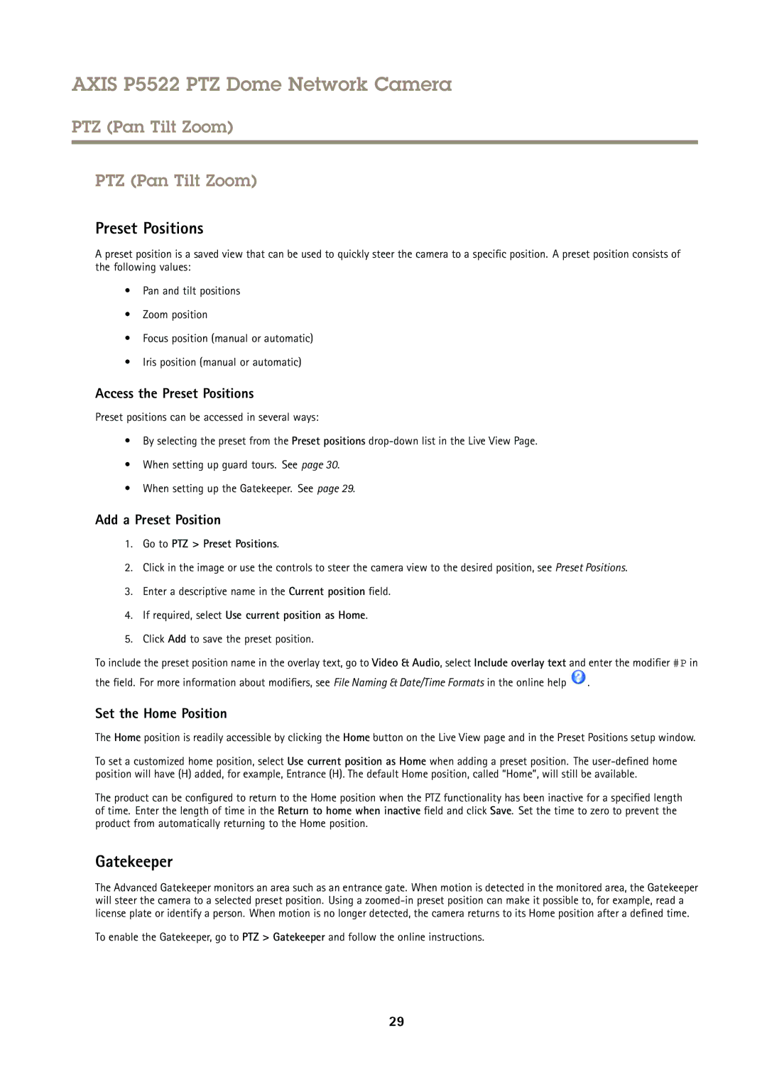 Axis Communications P5522 user manual PTZ Pan Tilt Zoom, Preset Positions, Gatekeeper 