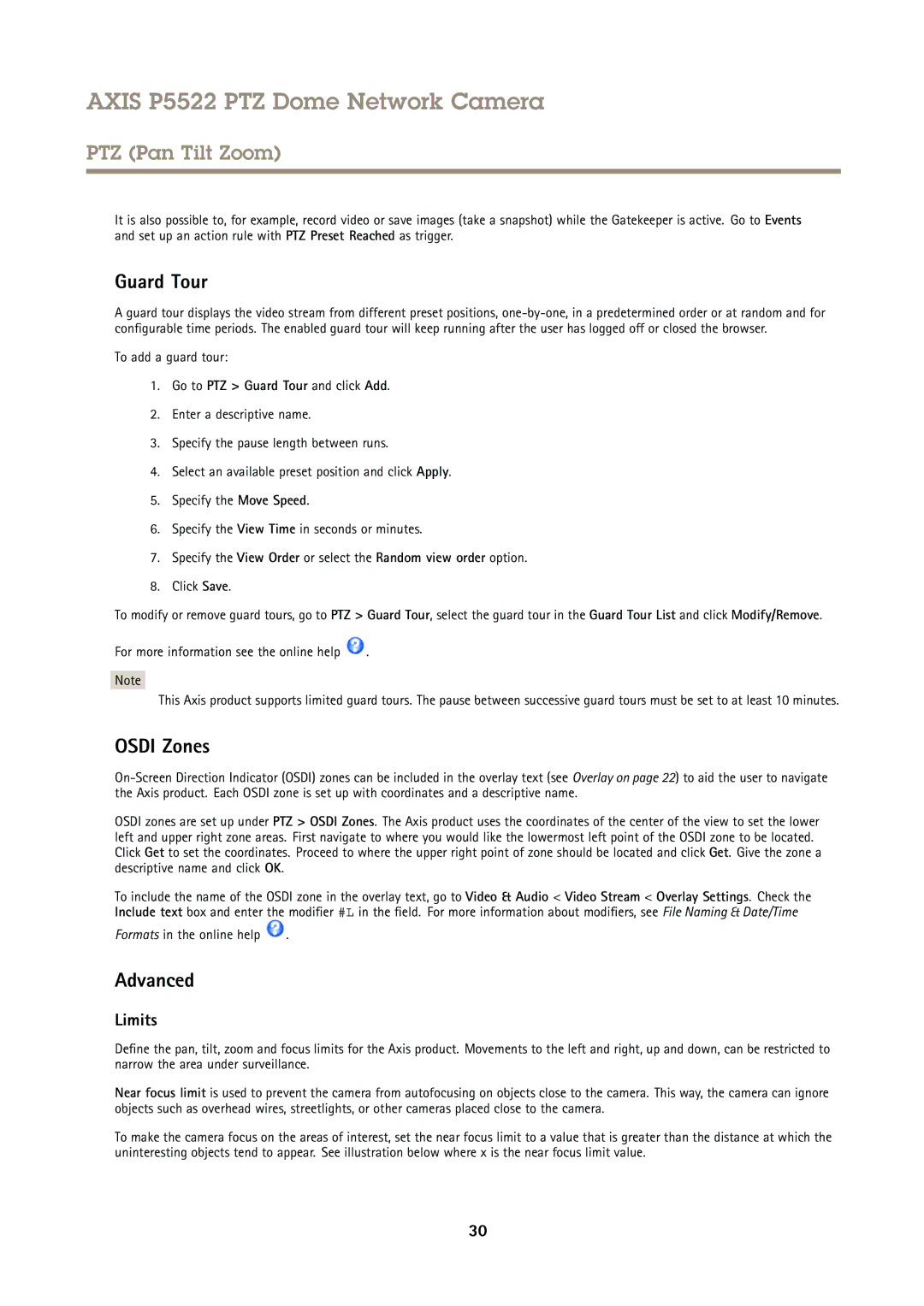 Axis Communications P5522 user manual Osdi Zones, Advanced, Limits, Go to PTZ Guard Tour and click Add 