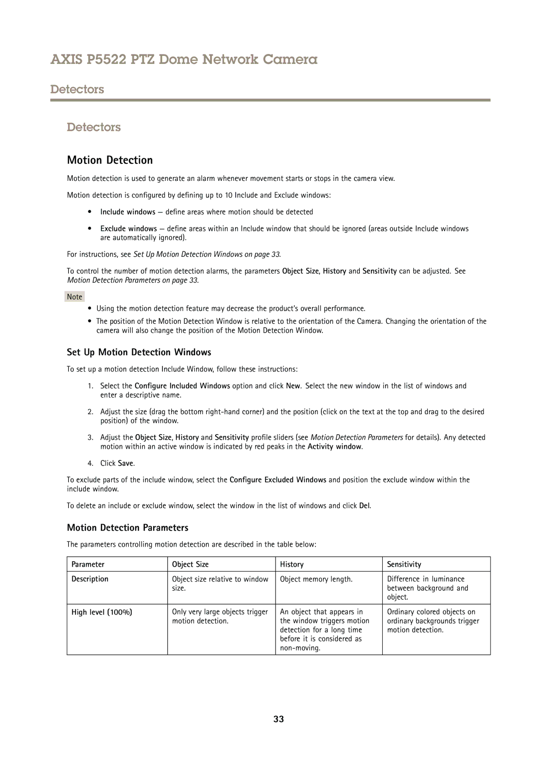 Axis Communications P5522 user manual Detectors, Set Up Motion Detection Windows, Motion Detection Parameters 