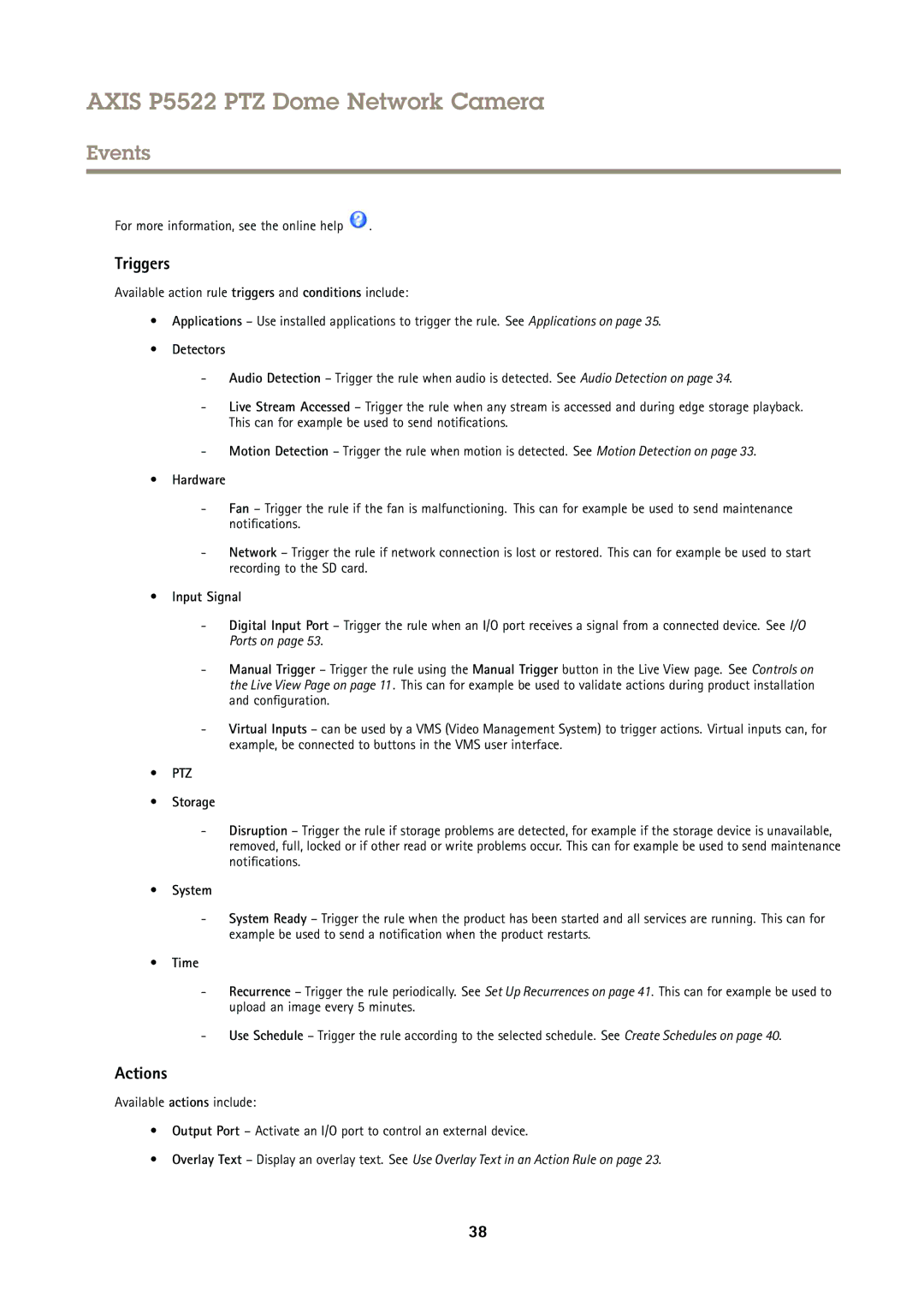 Axis Communications P5522 user manual Triggers, Actions 