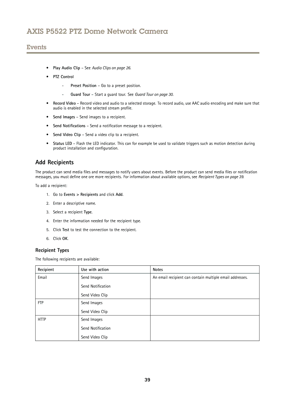 Axis Communications P5522 user manual Add Recipients, Recipient Types, PTZ Control, Go to Events Recipients and click Add 