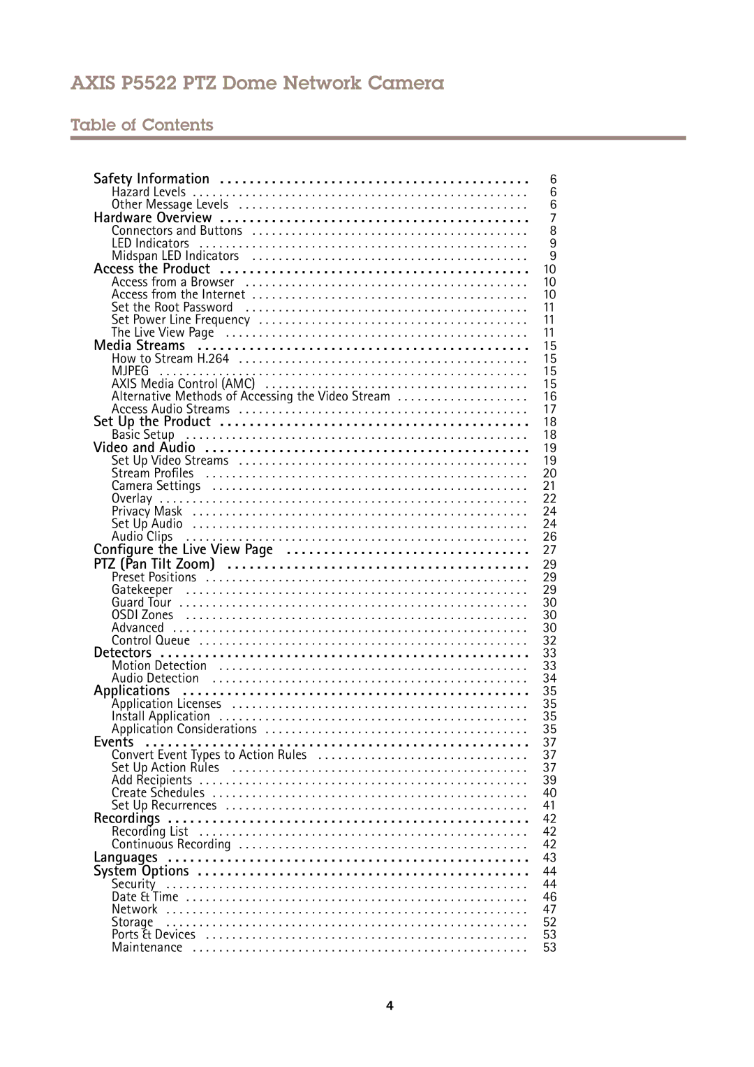 Axis Communications user manual Axis P5522 PTZ Dome Network Camera, Table of Contents 