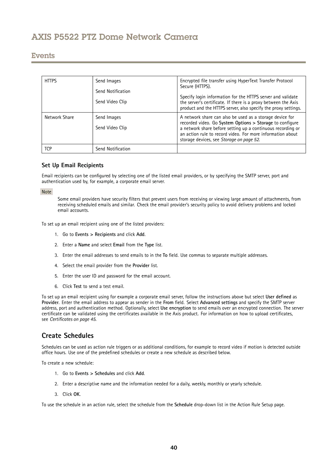 Axis Communications P5522 user manual Create Schedules, Set Up Email Recipients, Go to Events Schedules and click Add 