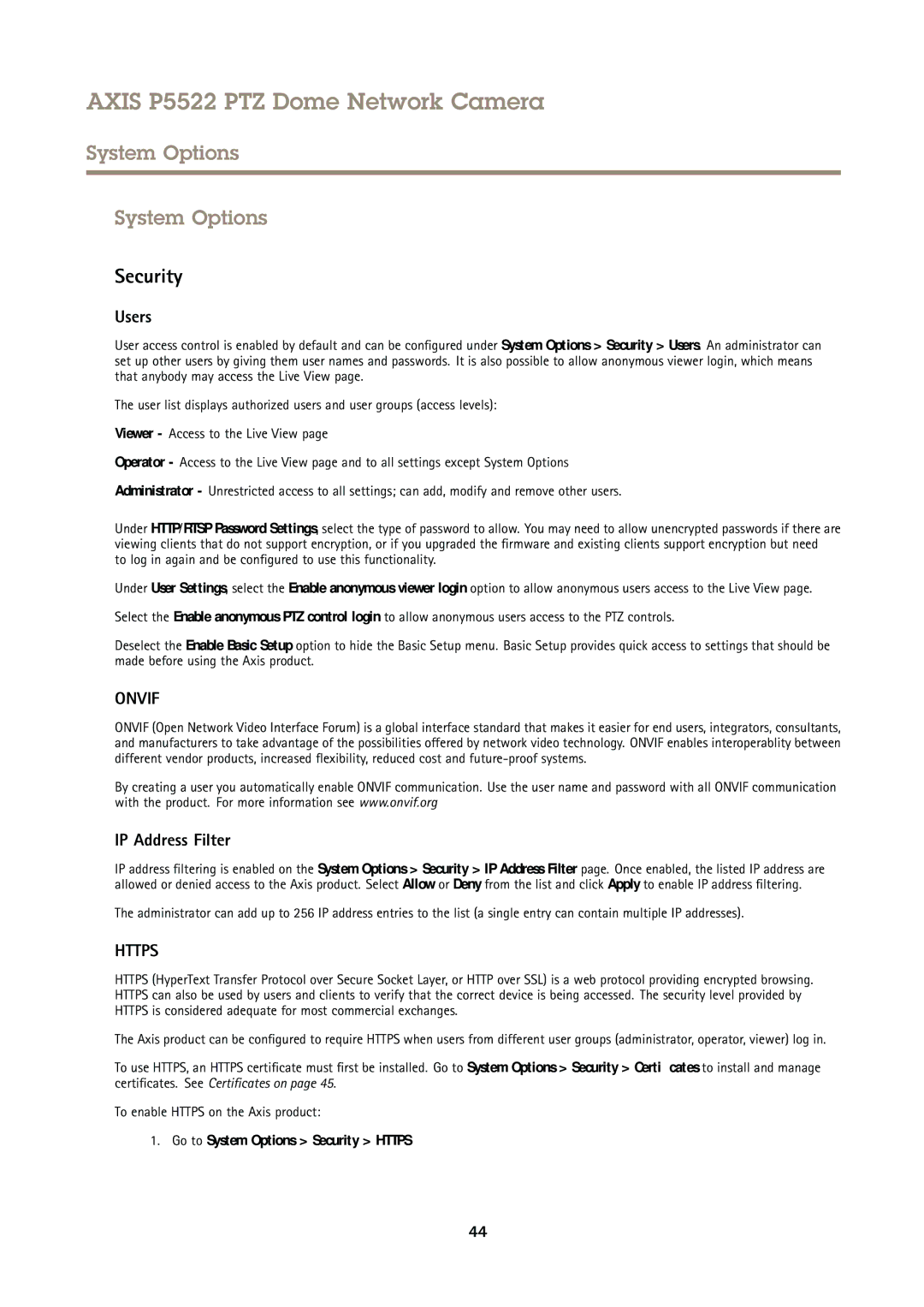Axis Communications P5522 user manual Users, IP Address Filter, Go to System Options Security Https 