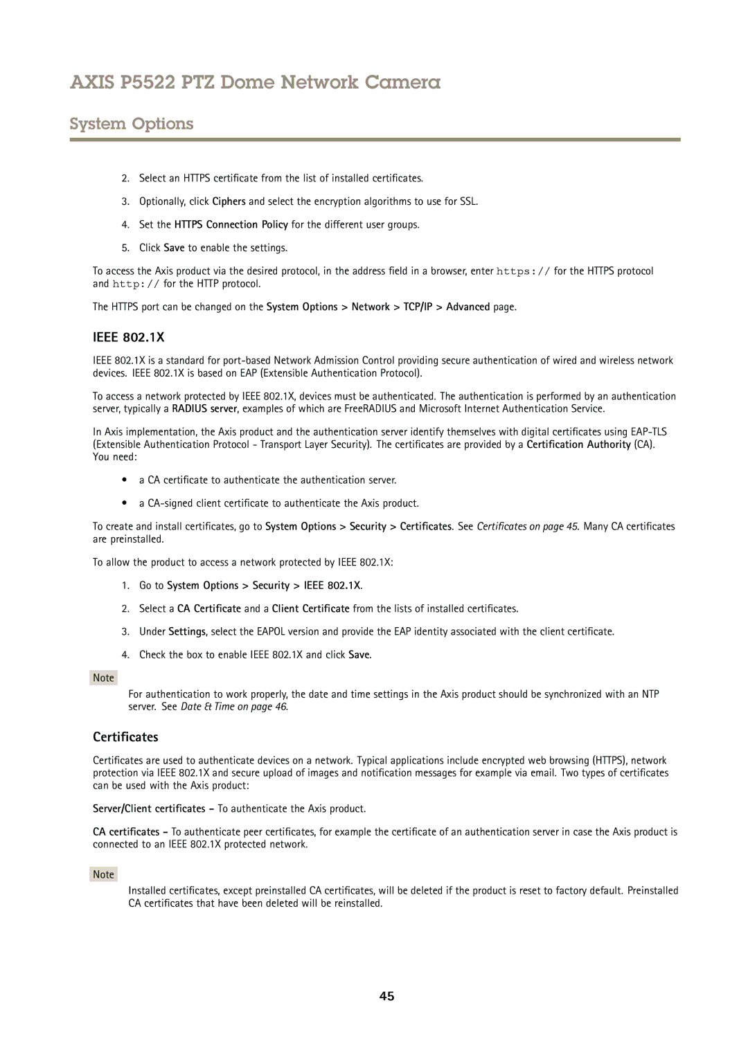 Axis Communications P5522 user manual Certificates, Go to System Options Security Ieee 