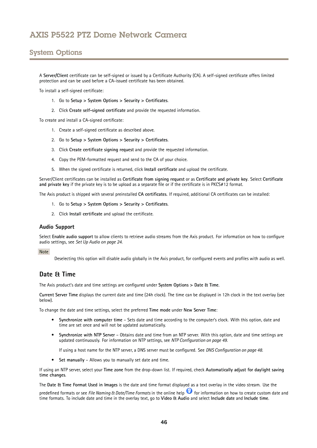 Axis Communications P5522 user manual Date & Time, Audio Support, Go to Setup System Options Security Certificates 