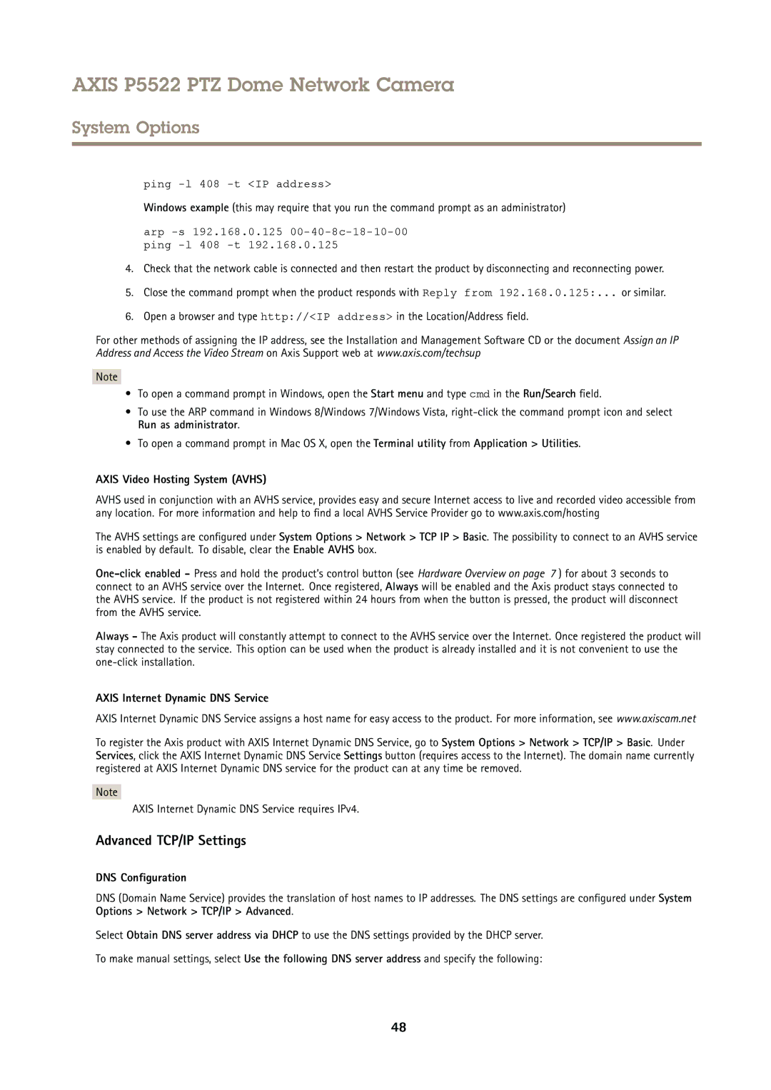 Axis Communications P5522 Advanced TCP/IP Settings, Axis Video Hosting System Avhs, Axis Internet Dynamic DNS Service 