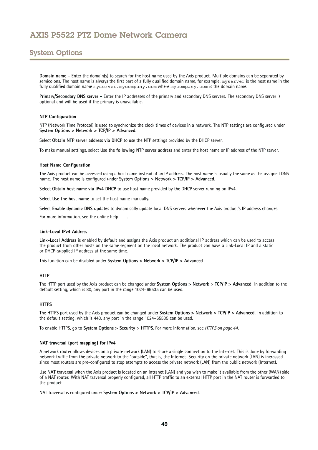 Axis Communications P5522 user manual NTP Configuration, Host Name Configuration, Link-Local IPv4 Address 