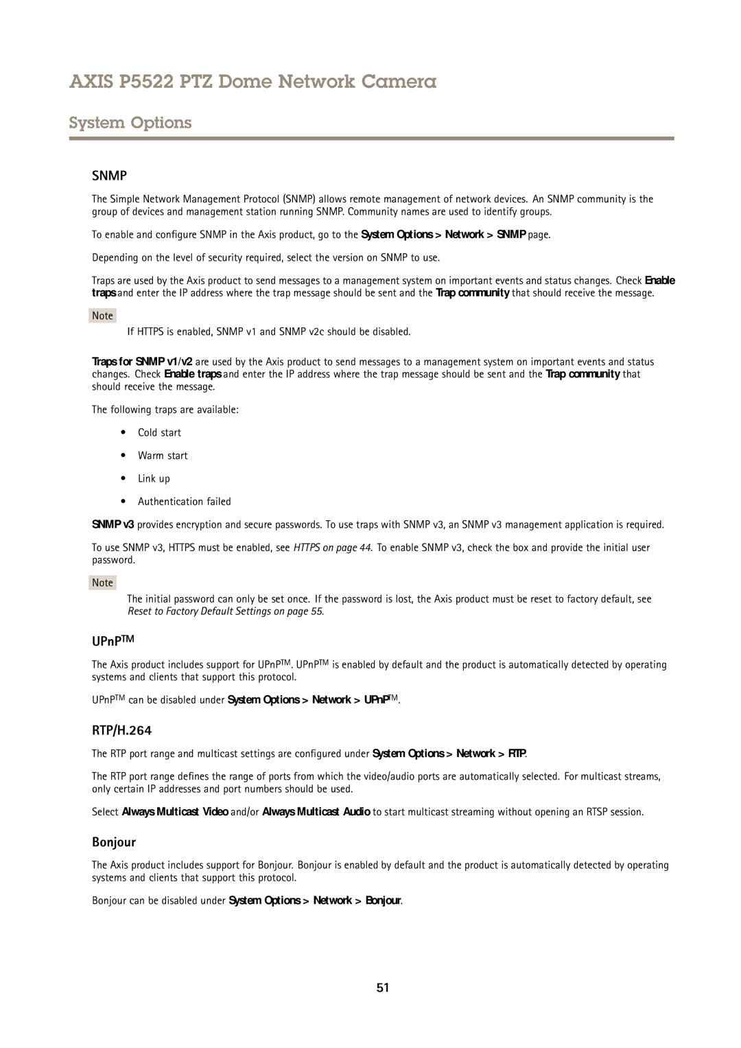 Axis Communications P5522 user manual RTP/H.264, Bonjour, UPnPTM can be disabled under System Options Network UPnPTM 