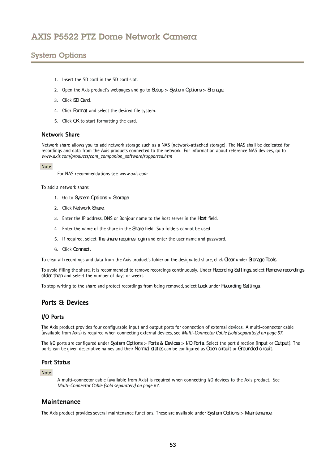 Axis Communications P5522 user manual Ports & Devices, Maintenance, Network Share, Port Status 