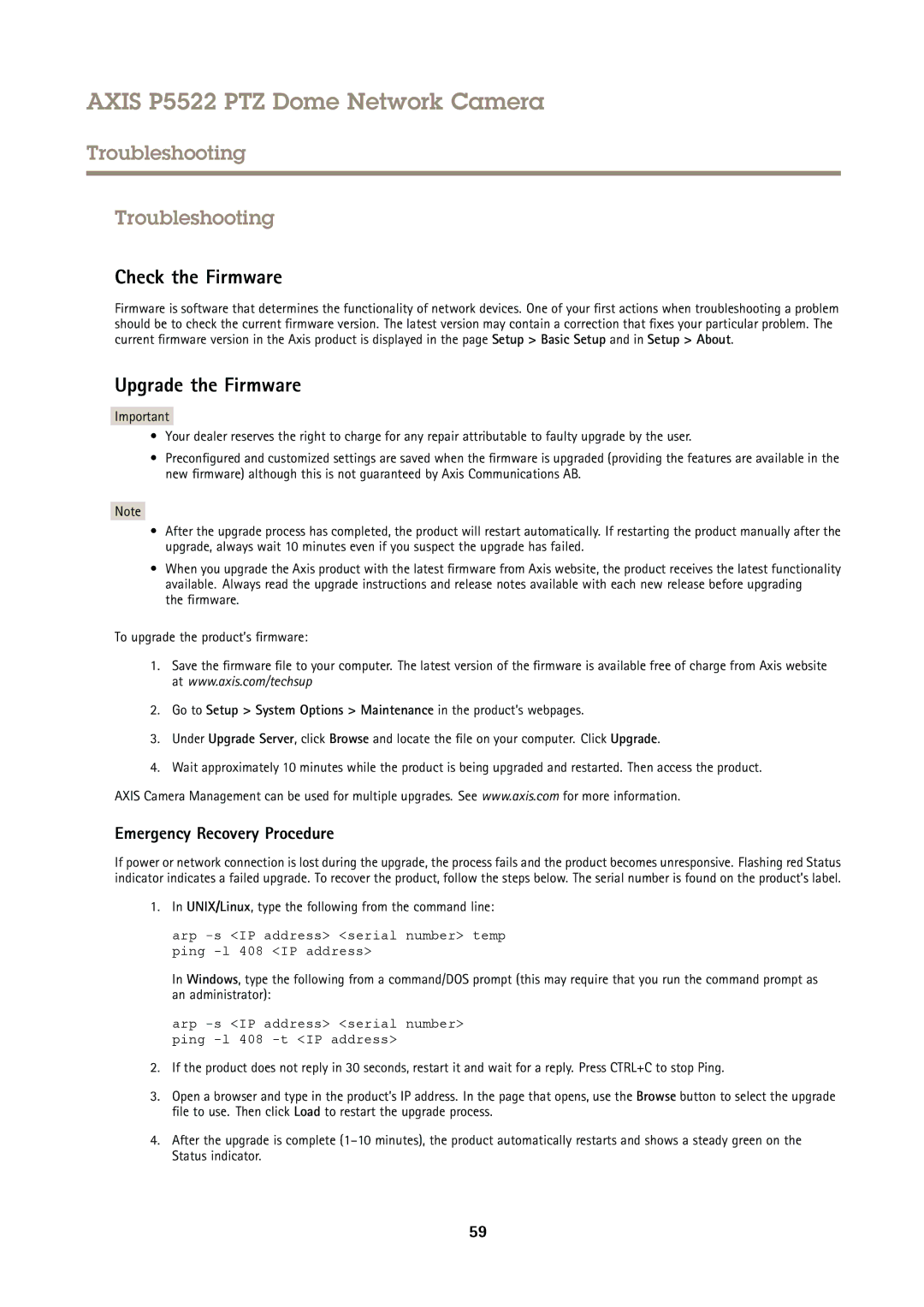 Axis Communications P5522 Troubleshooting, Check the Firmware, Upgrade the Firmware, Emergency Recovery Procedure 