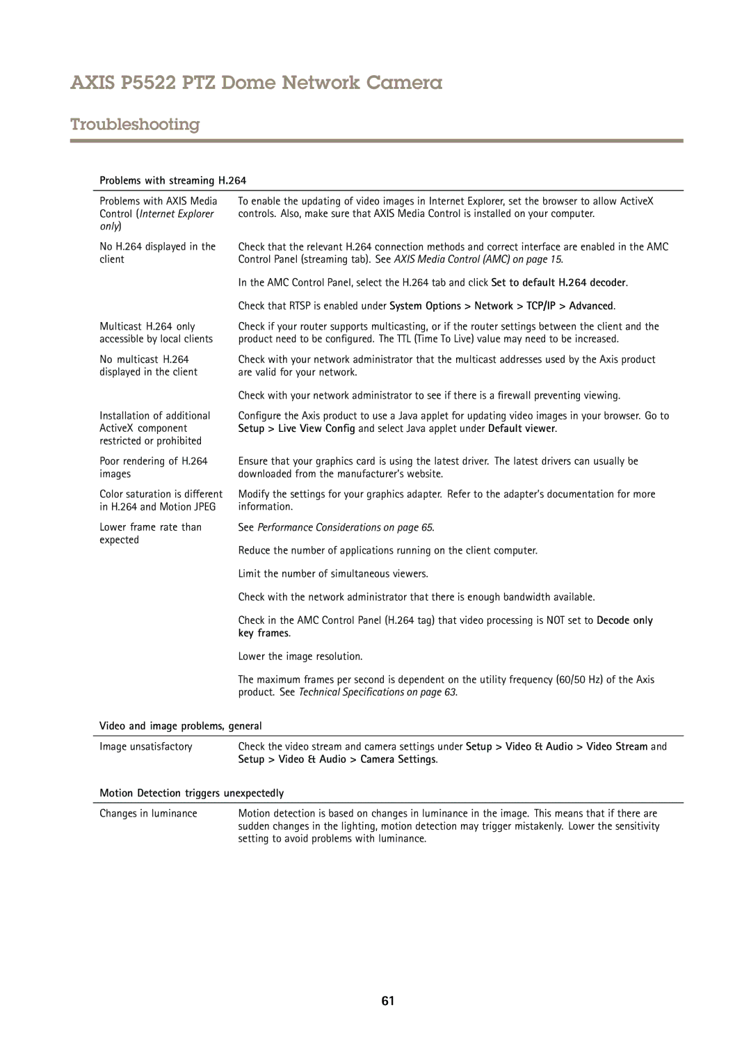 Axis Communications P5522 user manual Problems with streaming H.264, Key frames, Video and image problems, general 