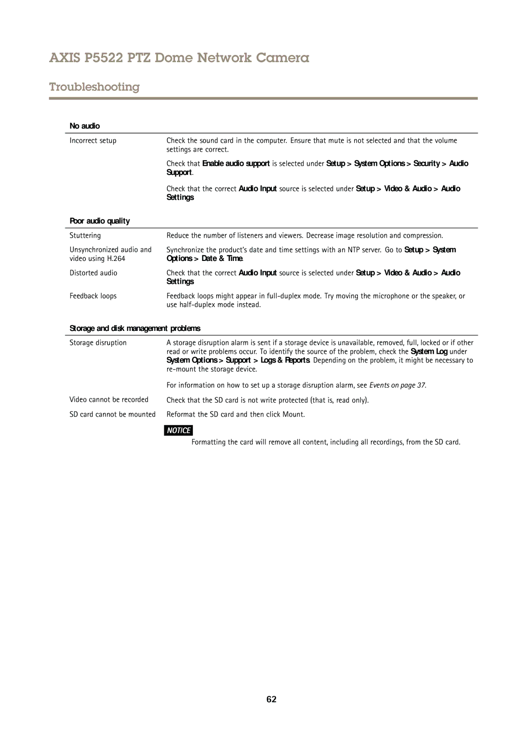 Axis Communications P5522 user manual No audio, Settings, Poor audio quality, Options Date & Time 