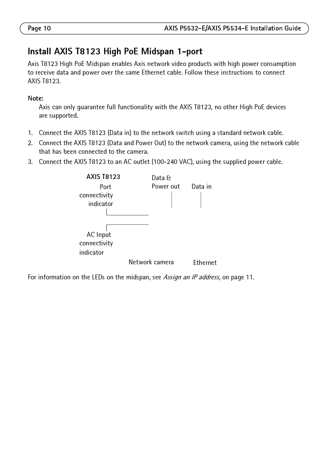 Axis Communications P5532-E manual Install Axis T8123 High PoE Midspan 1-port, Data Port Power out 